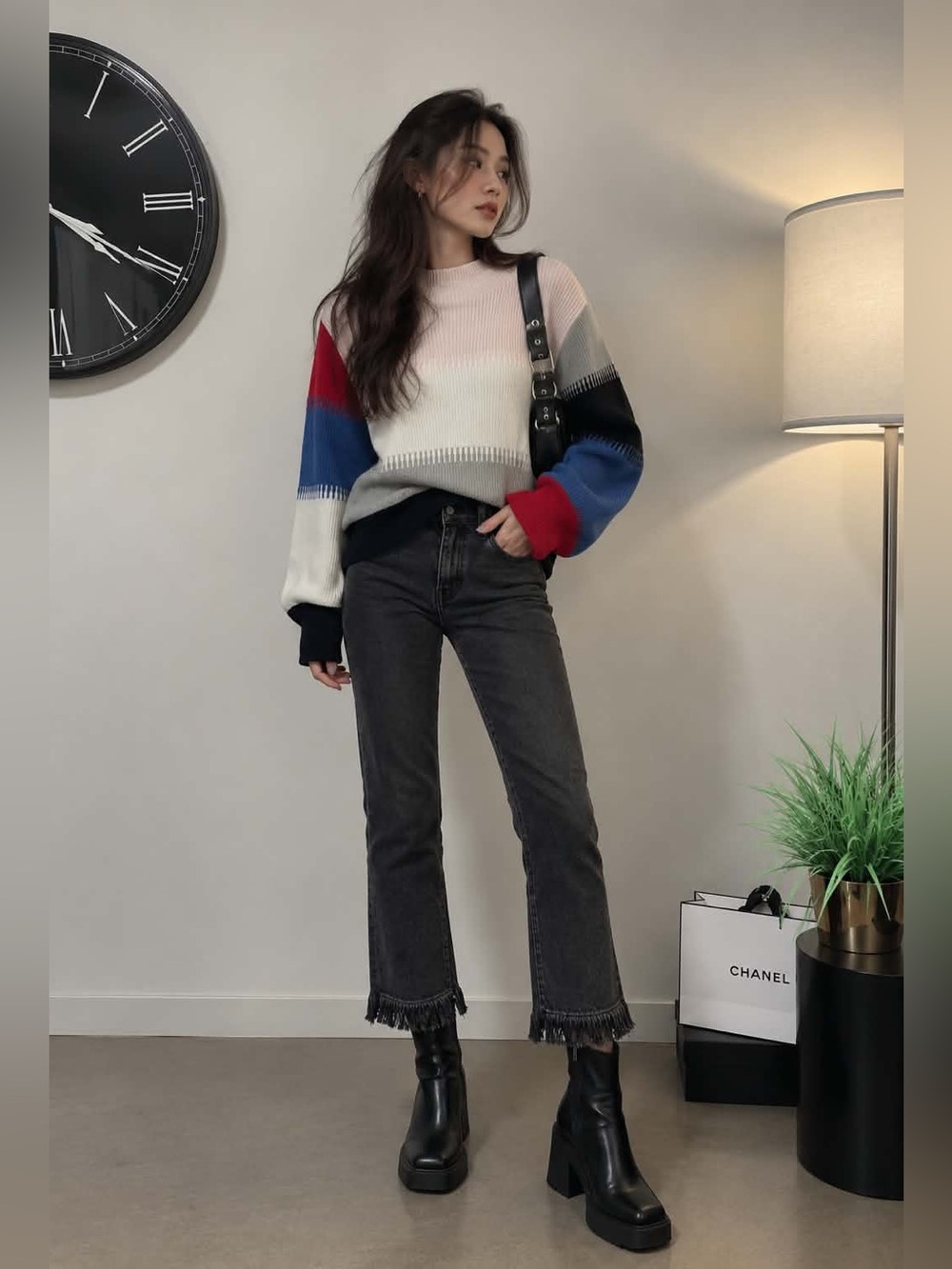 Anthropologie x French Connection Multicolor Ribbed Crewneck Sweater